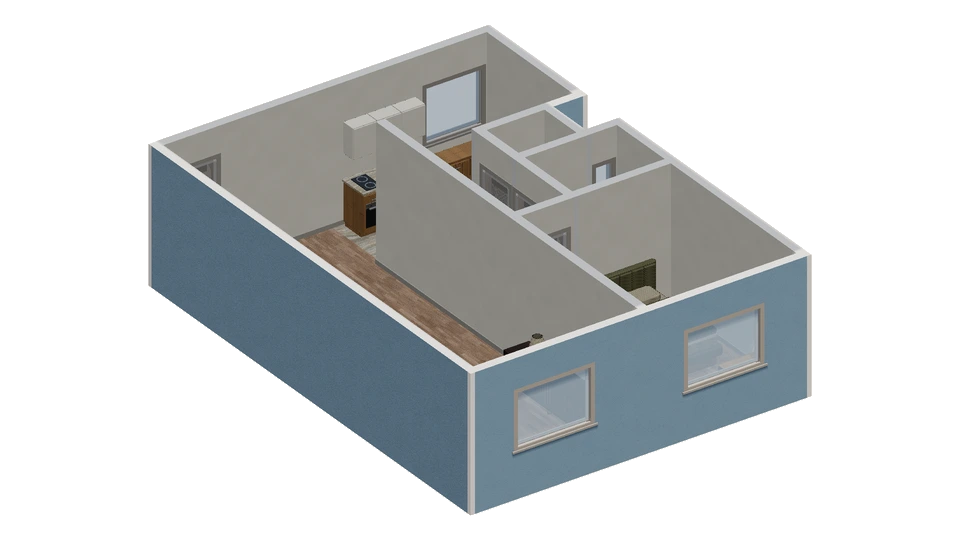 Preview of One-bedroom layout with a recessed bathroom pair