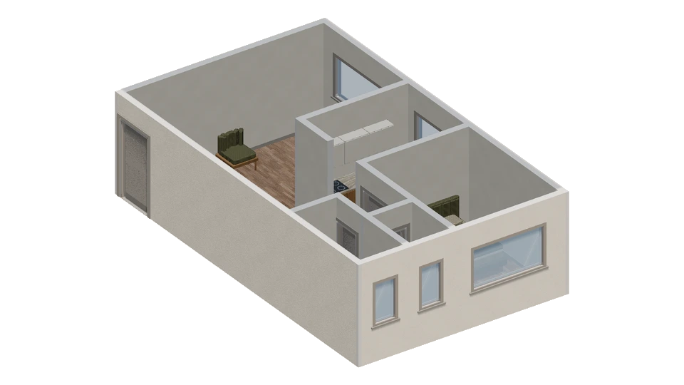 Preview of L-shaped living room around a central kitchen bay