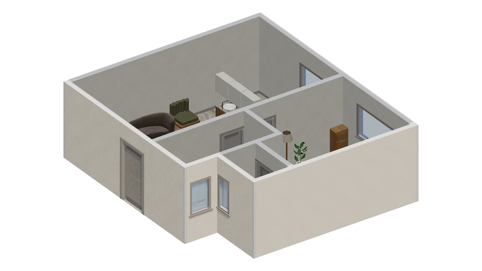 Preview of Open kitchen–living plan with a stepped bedroom wing