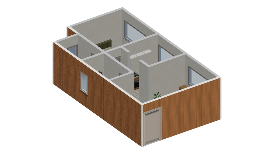Preview of Central kitchen between a bedroom and long living room