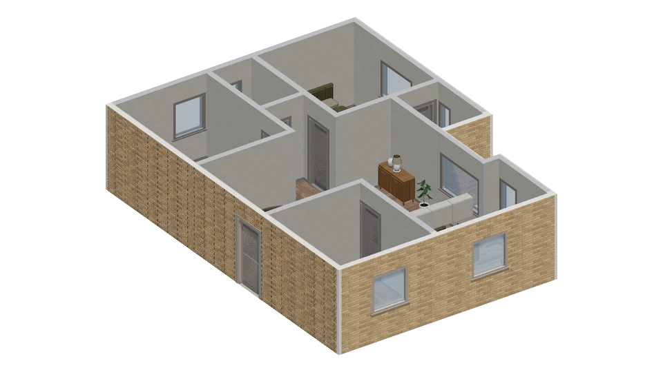 Preview of Three-bedroom layout with a wide kitchen–living middle