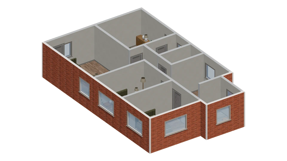 Preview of Three-bedroom plan with an open cross-plan passage