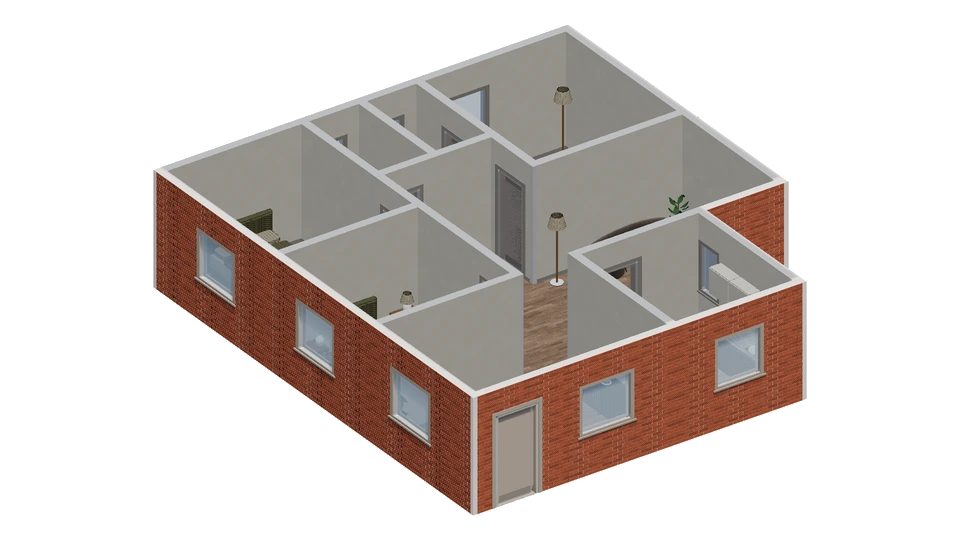 Preview of Three-bedroom plan with side bathrooms and an open entry room