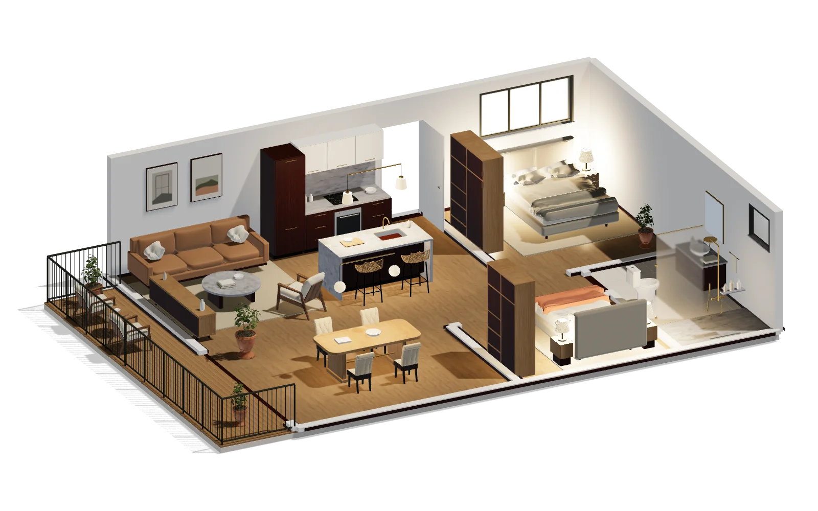 A furnished apartment seen from above with the ceiling removed: a living room with a sofa and a round table, a kitchen island with stools, a dining table, two bedrooms, a bathroom, and a terrace behind a railing.