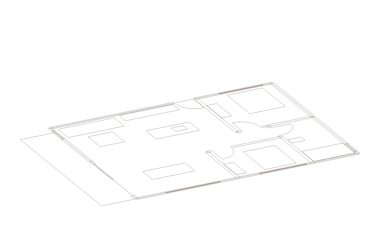 An angled overhead view of the reference apartment’s wall and opening linework, without dimension labels.