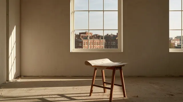 A floor plan on a stool in an unfinished apartment lit by a large window.