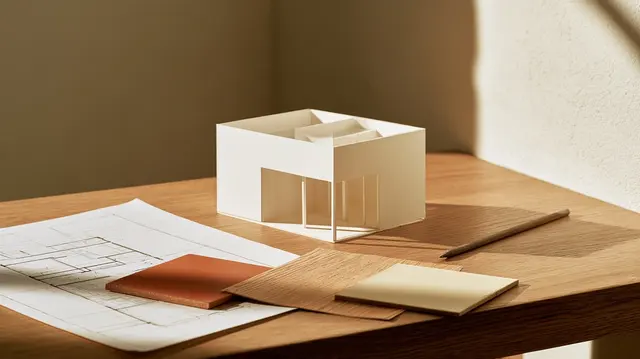 A card apartment model beside a drawing and material samples.