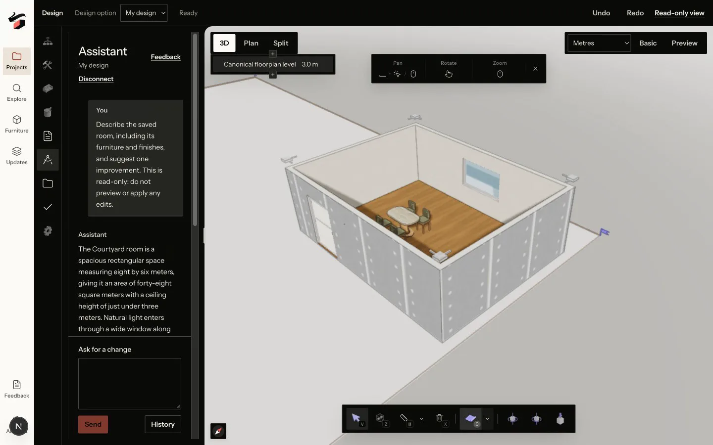 INK TO BRICK assistant answering a question alongside the Pascal model of a synthetic courtyard room.