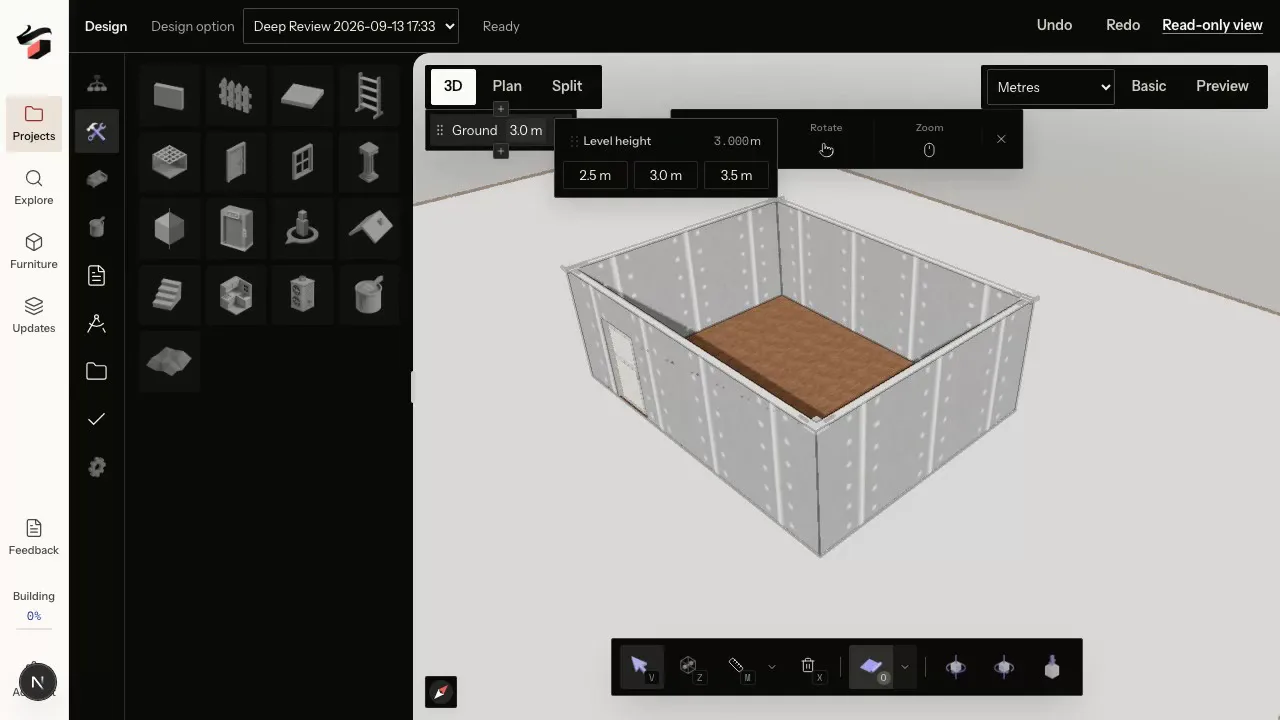 Pascal Build panel with architectural tools and a wall-height control beside a simple test room.
