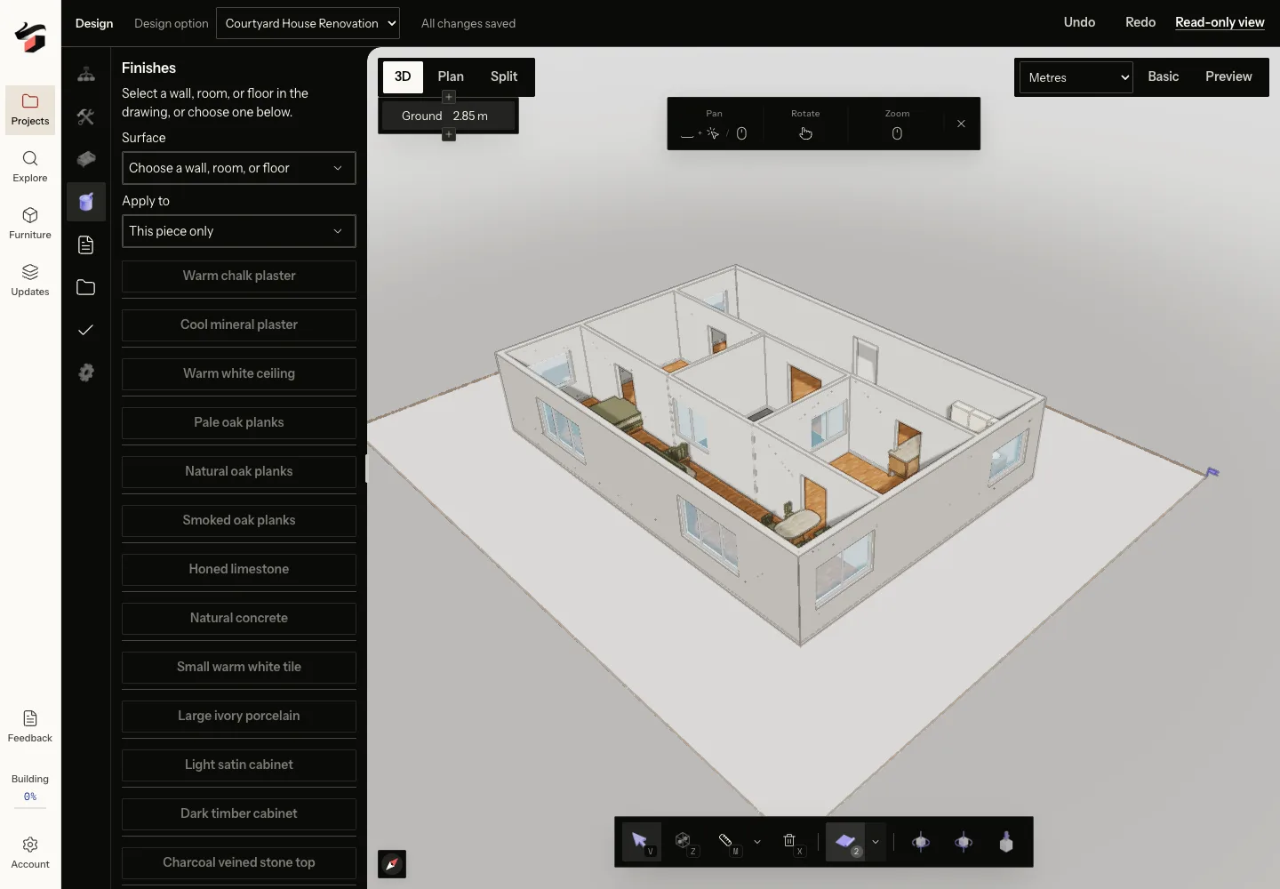 Pascal editor in INK TO BRICK with a furnished courtyard house and the Finishes panel open.