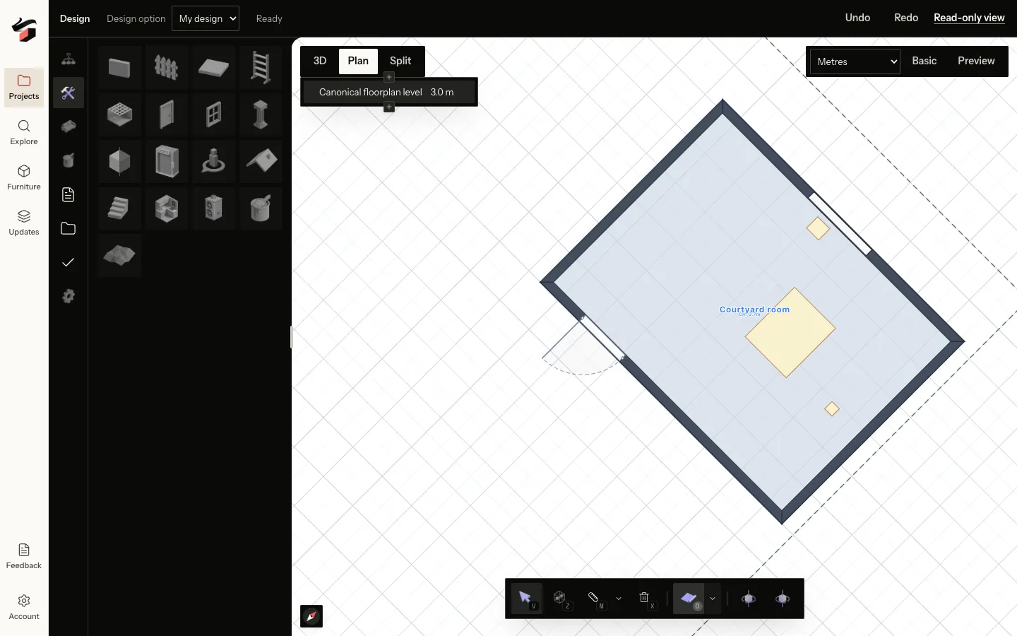 Pascal Plan view showing a test room, furniture footprint and door swing from above.