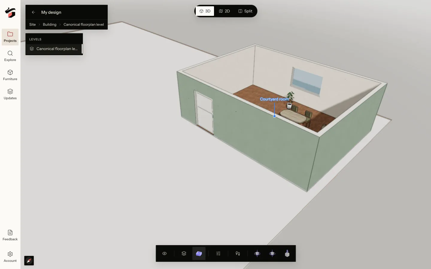 Eye-level preview of a test room with a table, green wall, door and window in INK TO BRICK.