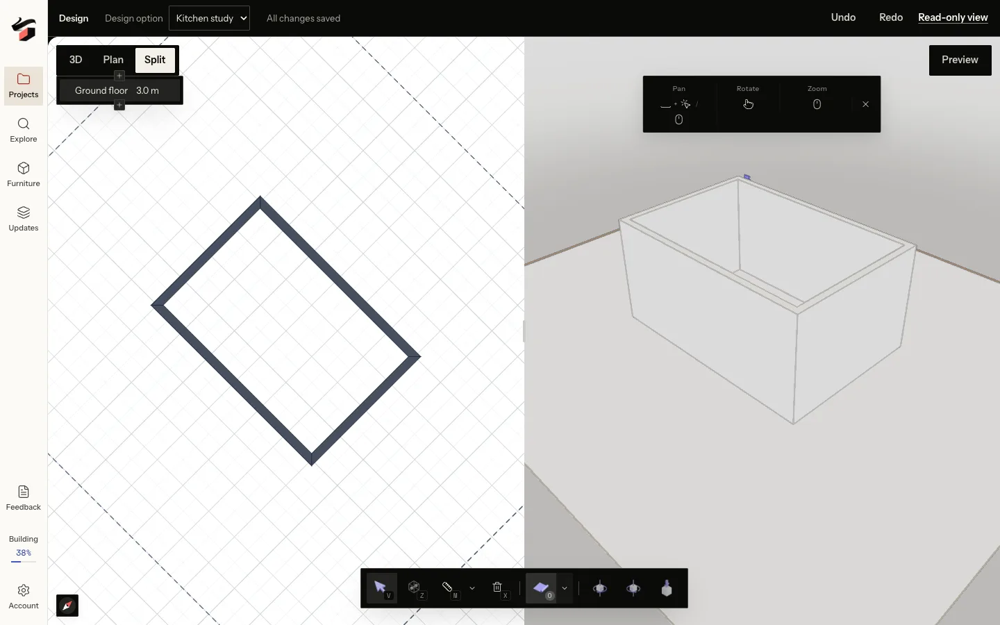 Pascal split workspace with a 2D plan beside the 3D model of a simple kitchen study.