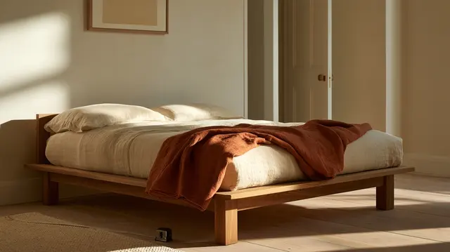 An oak bed frame with a rust-colored blanket and space to walk beside it.