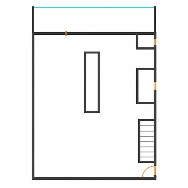 Un dibujo de líneas visto de frente de la planta baja, con muros negros uniformes, aberturas marcadas en naranja y el borde de la terraza en azul. El interior aparece apenas un poco más profundo que ancho.