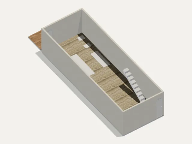Render del primer modelo 3D: un cascarón de una sola planta con muros, dos puertas, una escalera de bloque sencilla, y la isla, el mesón de pared, el mueble del centro de lavado y el refrigerador como huellas blancas planas.