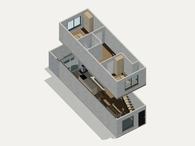 Render del modelo 3D refinado de dos plantas, con ambos niveles visibles, una escalera abierta, una isla de cocina y una salida acristalada a la terraza.