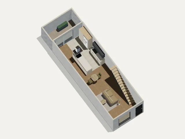 Corte de la planta baja refinada: sala y comedor, la isla de cocina y el mesón de pared, la escalera abierta y la puerta de vidrio hacia la terraza.