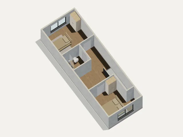 Corte de la planta alta inferida, con dos habitaciones y un baño alrededor del descanso de la escalera.