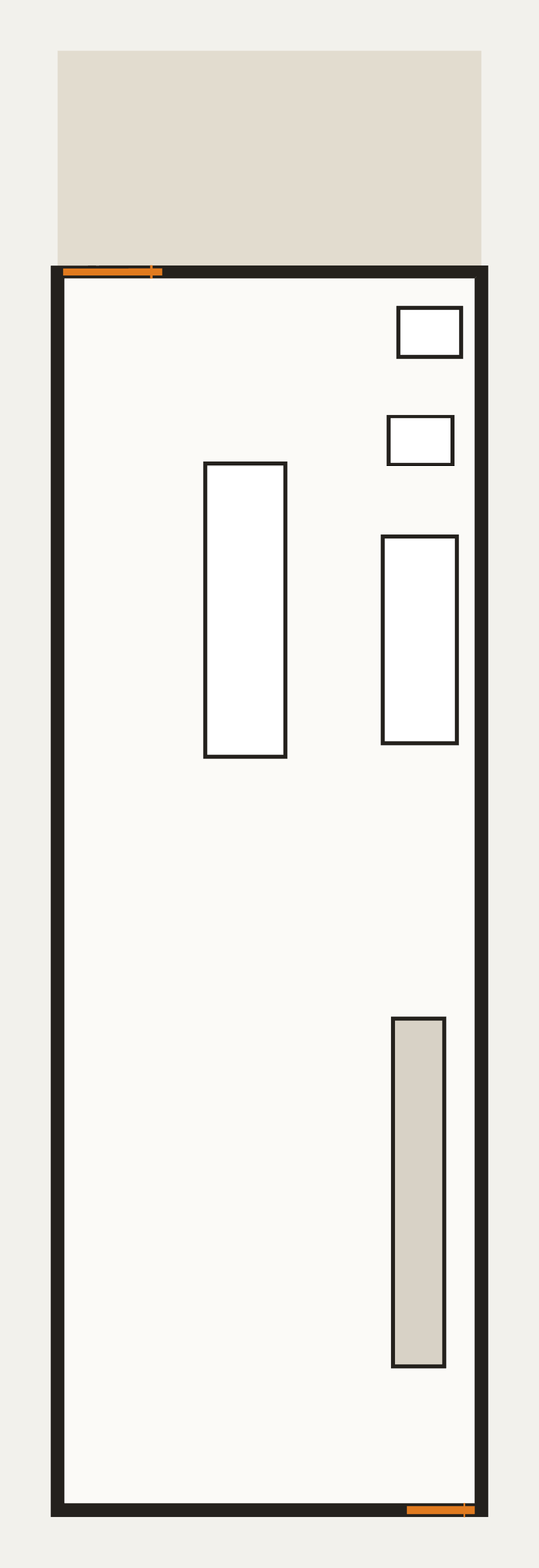Una vista en planta del primer modelo en su proporción real: un interior largo y angosto con muros oscuros, la terraza arriba, la isla, el mesón de pared, el mueble del centro de lavado y el refrigerador como huellas blancas, la escalera contra el muro derecho y las dos puertas en naranja.