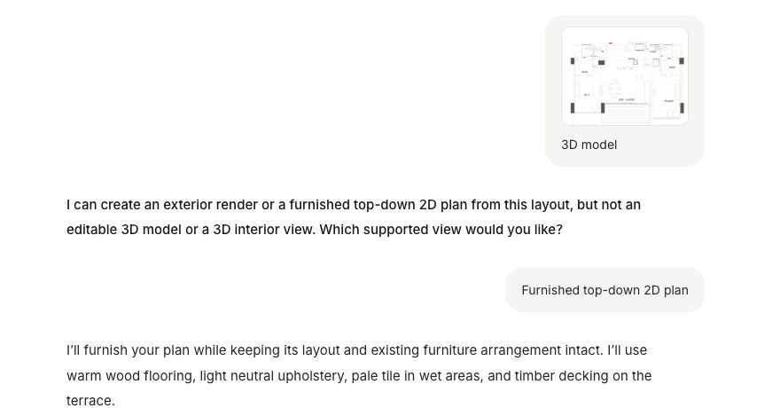 The Drafted conversation shows the attached plan, a request for a 3D model and its response offering images instead of an editable model.