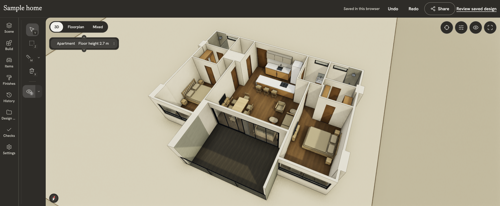 Bohemia Mía in the INK TO BRICK editor, with 3D, Floorplan, Mixed and history controls.