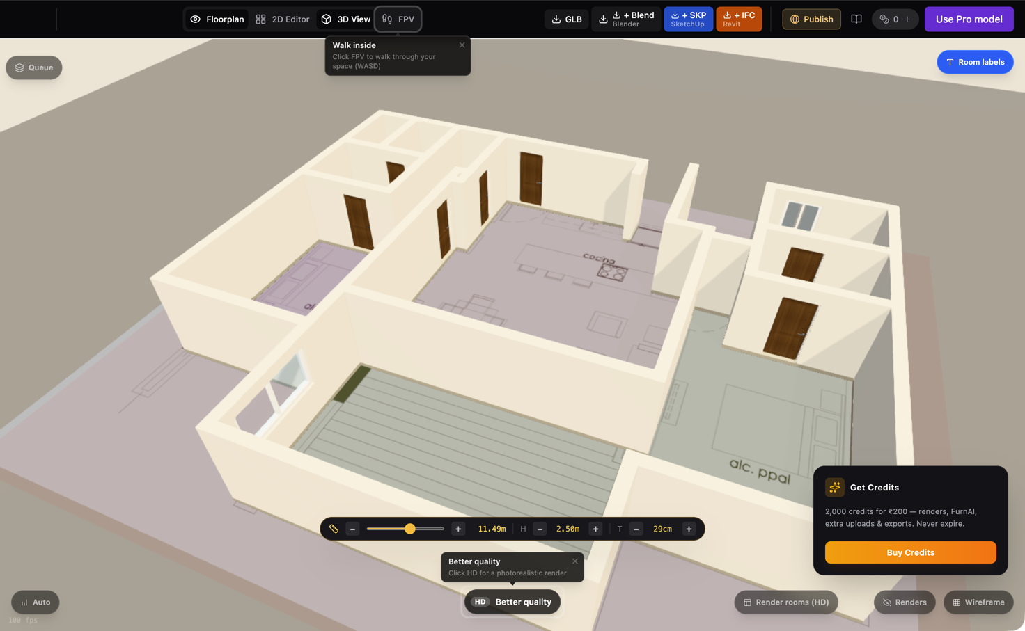 Bohemia Mía in Strukt AI’s 3D editor with the drawing under the model.