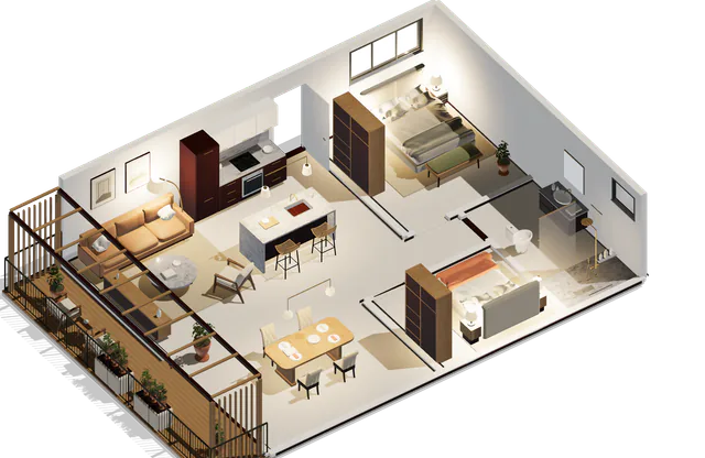 The sample home with pale oak floors