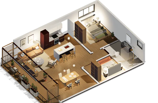 A shared home with two numbered notes pinned to it, one by a window and one on the floor.