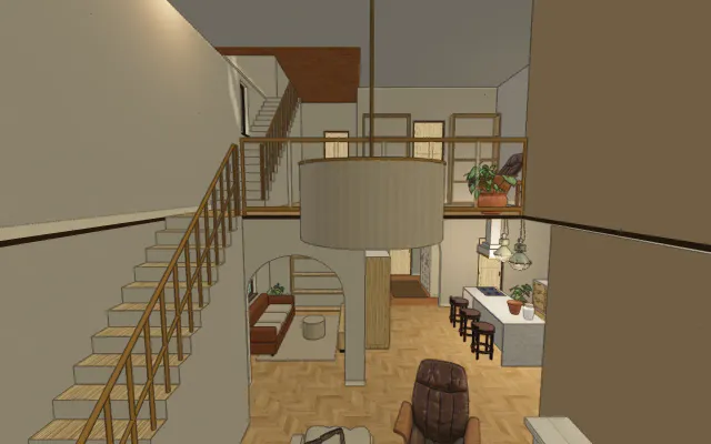 El dúplex de ejemplo en estilo mediterráneo, con una vista de la sala de doble altura y notas compartidas.