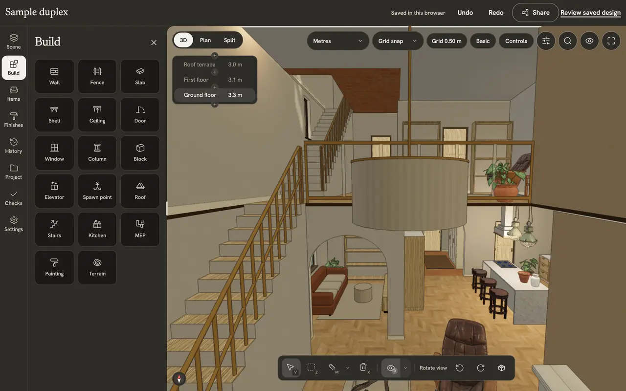The sample duplex in Mediterranean style, living view open in the editor, Build panel showing architectural tools.