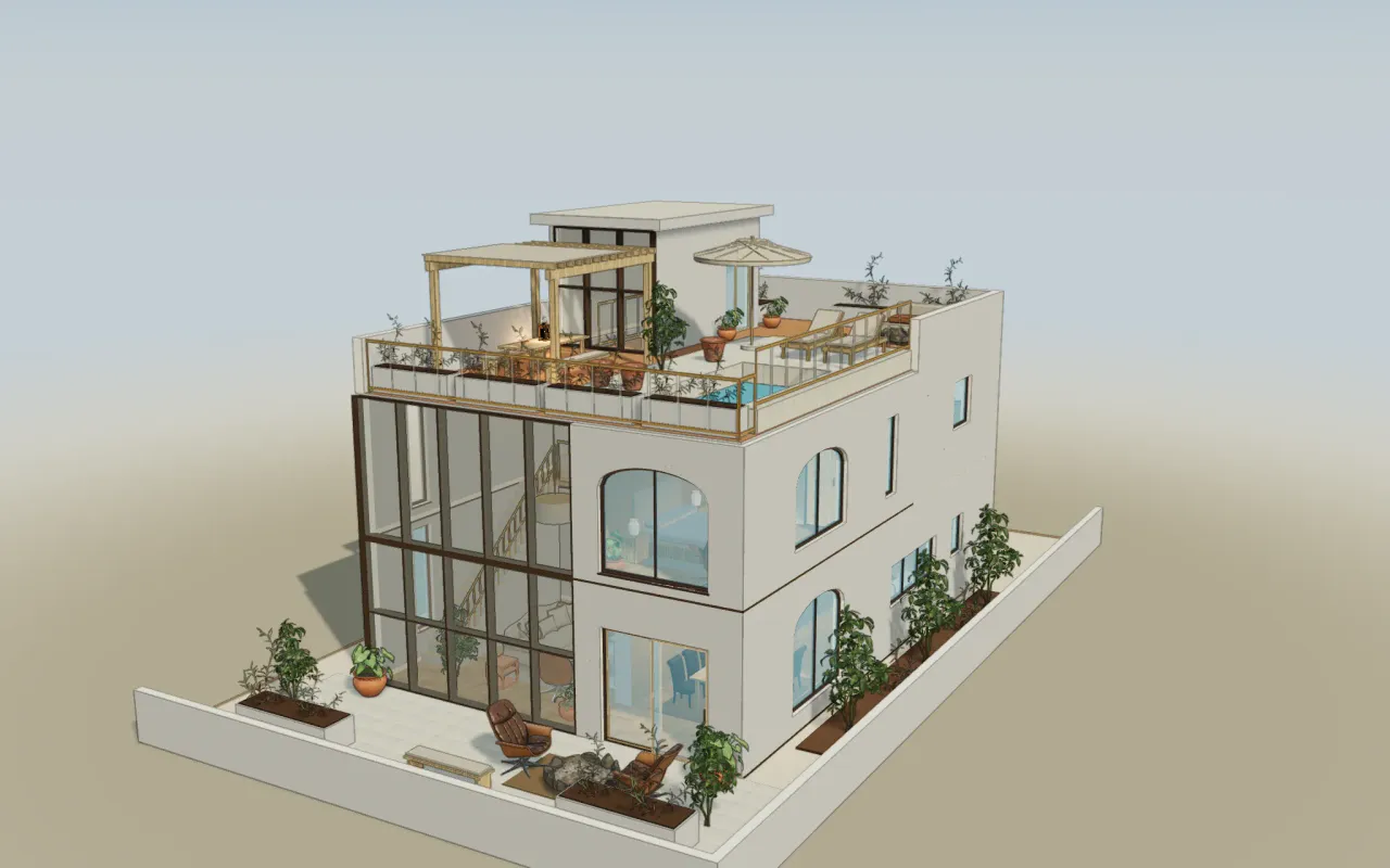Modelo 3D del dúplex de ejemplo en estilo Mediterráneo cálido, visto desde el jardín amurallado: tres niveles, el muro de vidrio de doble altura y la terraza de la azotea.