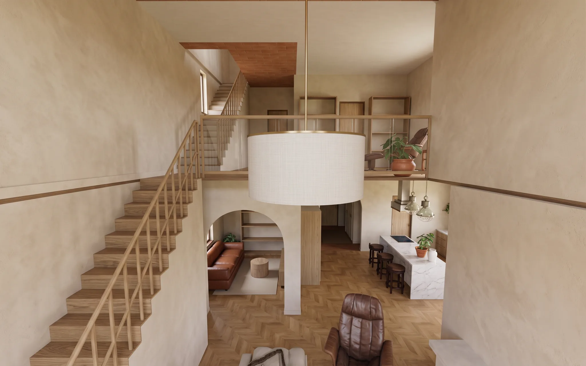 Sala mediterránea fotorrealista del dúplex de ejemplo