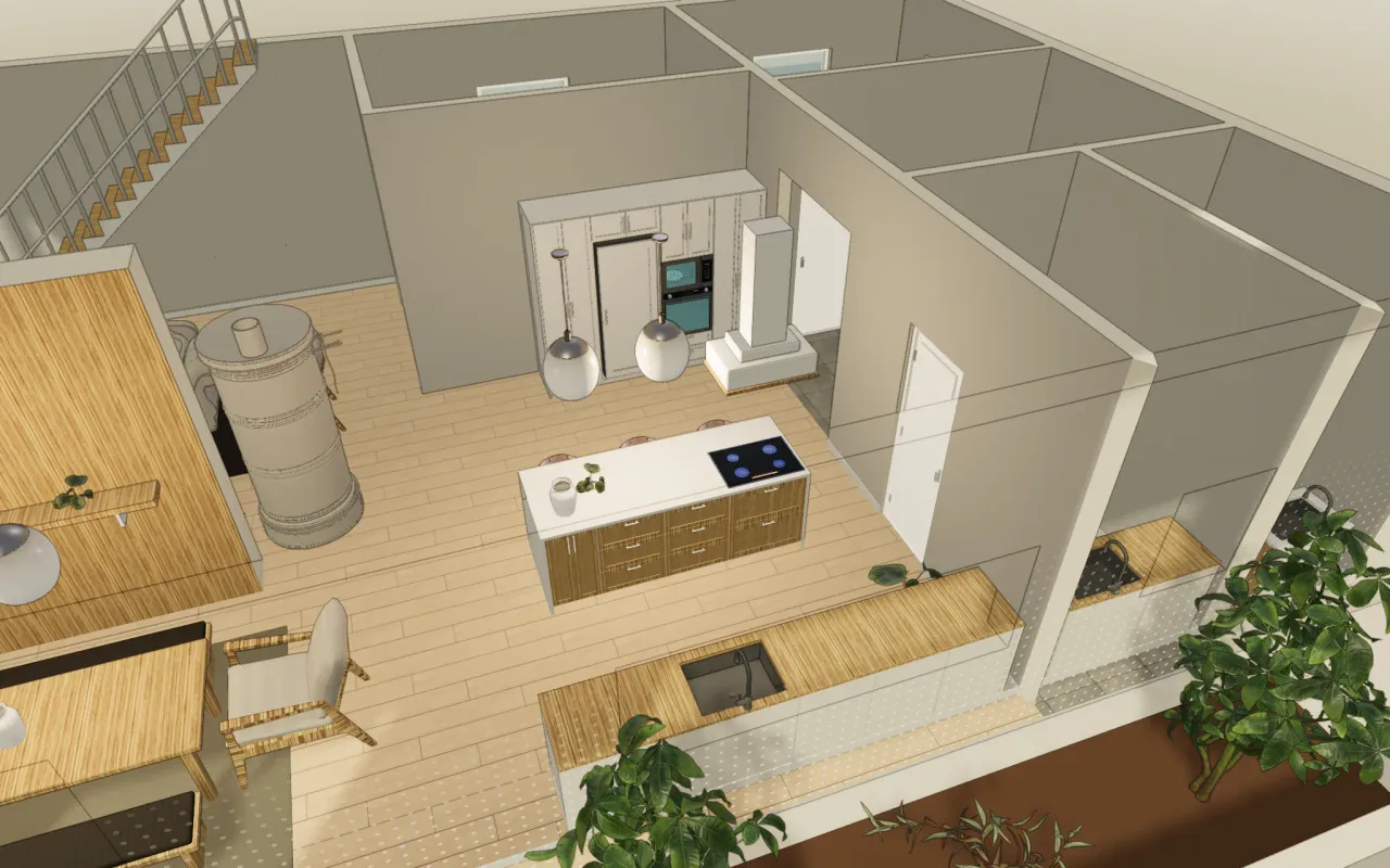 Modelo 3D del dúplex de ejemplo en estilo Escandinavo, con los muros recortados, mirando desde arriba la cocina, su isla y la mesa de comedor.