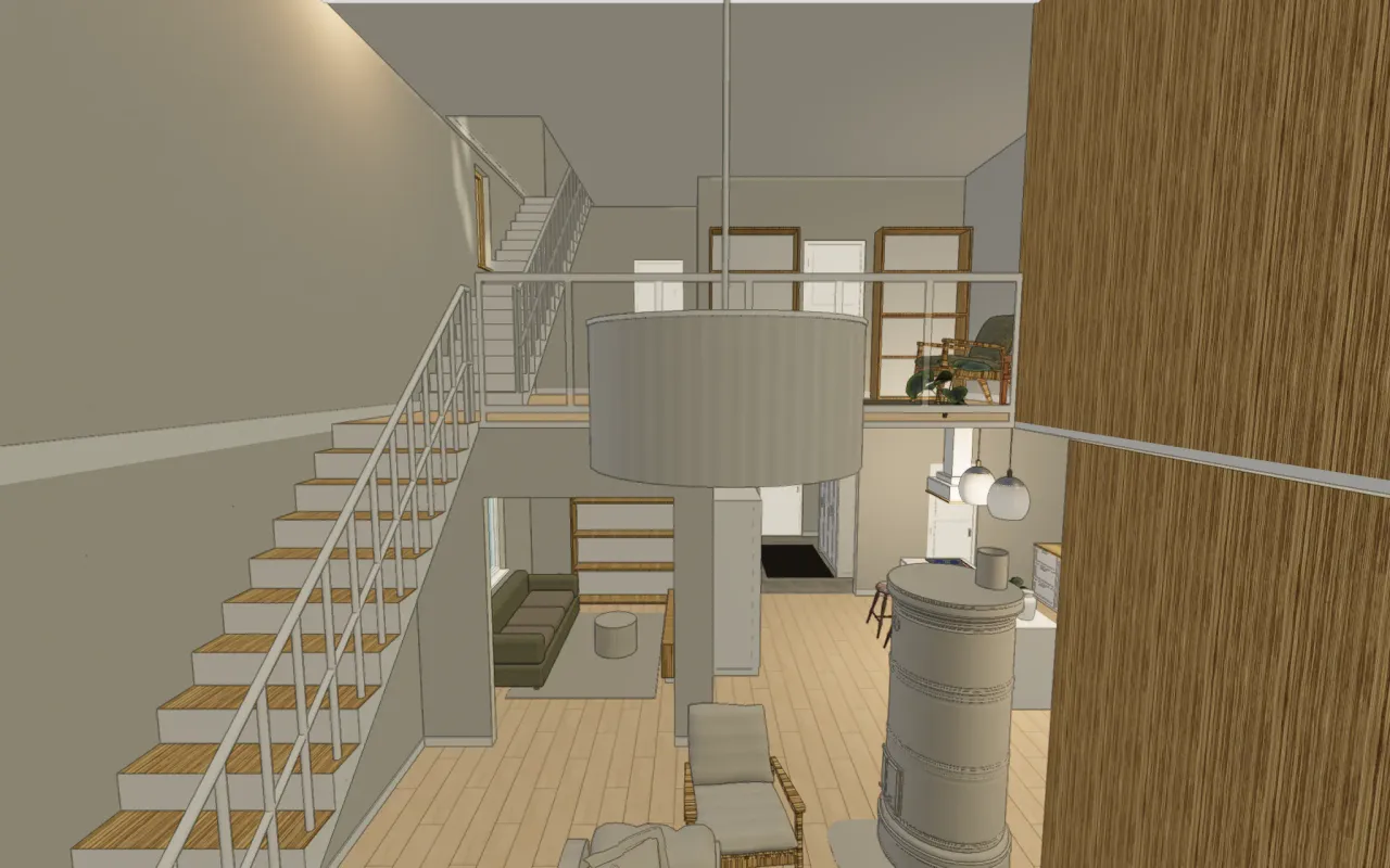 Modelo 3D del dúplex de ejemplo en estilo Escandinavo, desde el interior de la sala de doble altura, con la escalera y la galería superior al fondo.