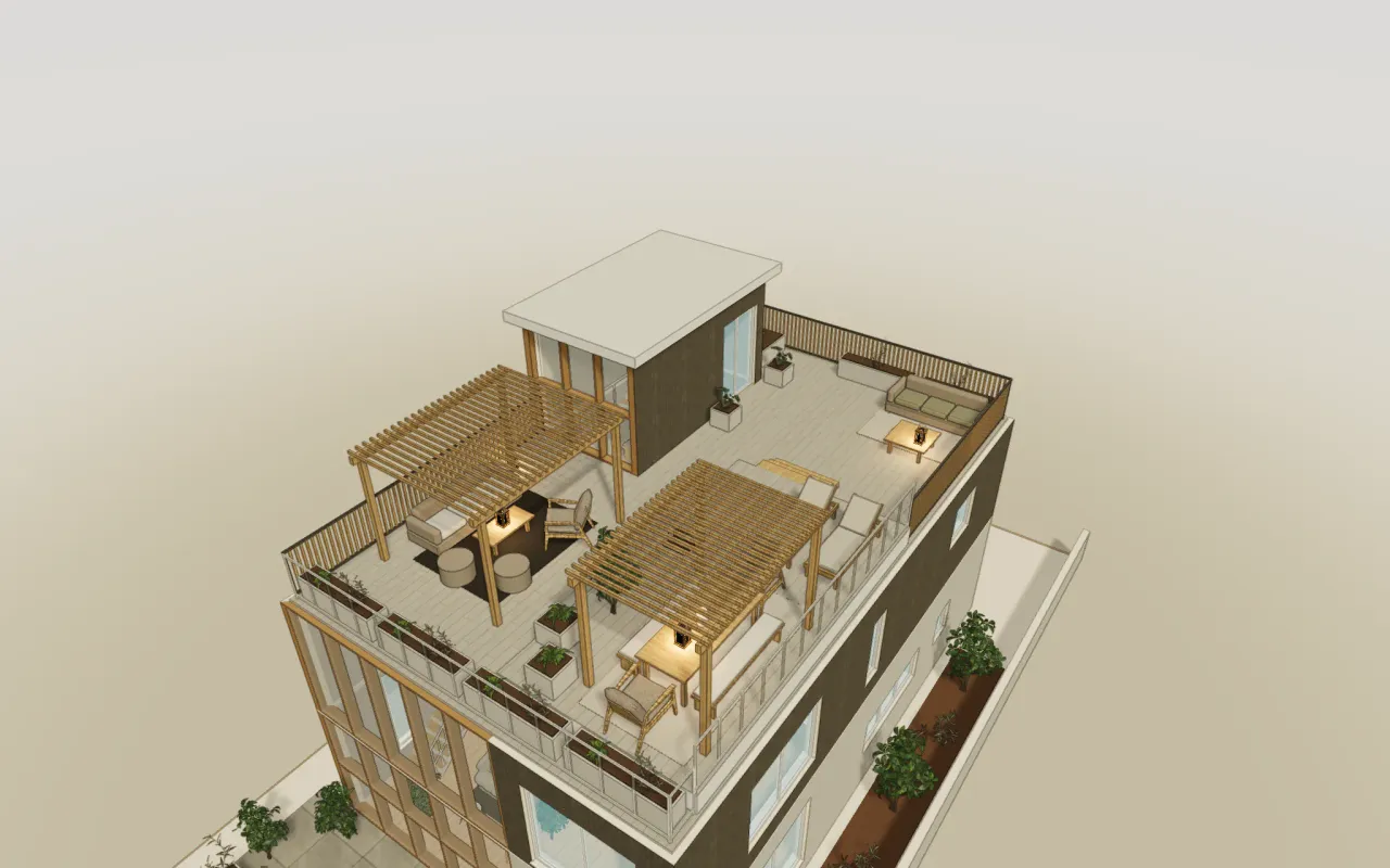Modelo 3D del dúplex de ejemplo en estilo Escandinavo, desde arriba de la terraza de la azotea, con su pérgola y muebles de exterior.