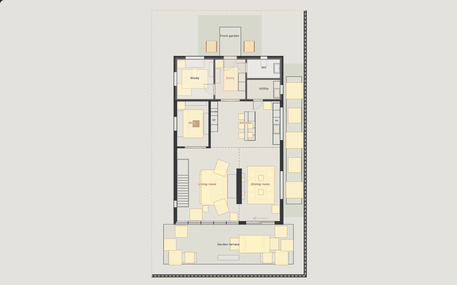 Plano de la planta baja del dúplex de ejemplo en el editor: estudio, entrada, baño y cuarto de servicio al frente; luego la sala de estar y la cocina, la sala y el comedor, y la terraza del jardín al fondo.
