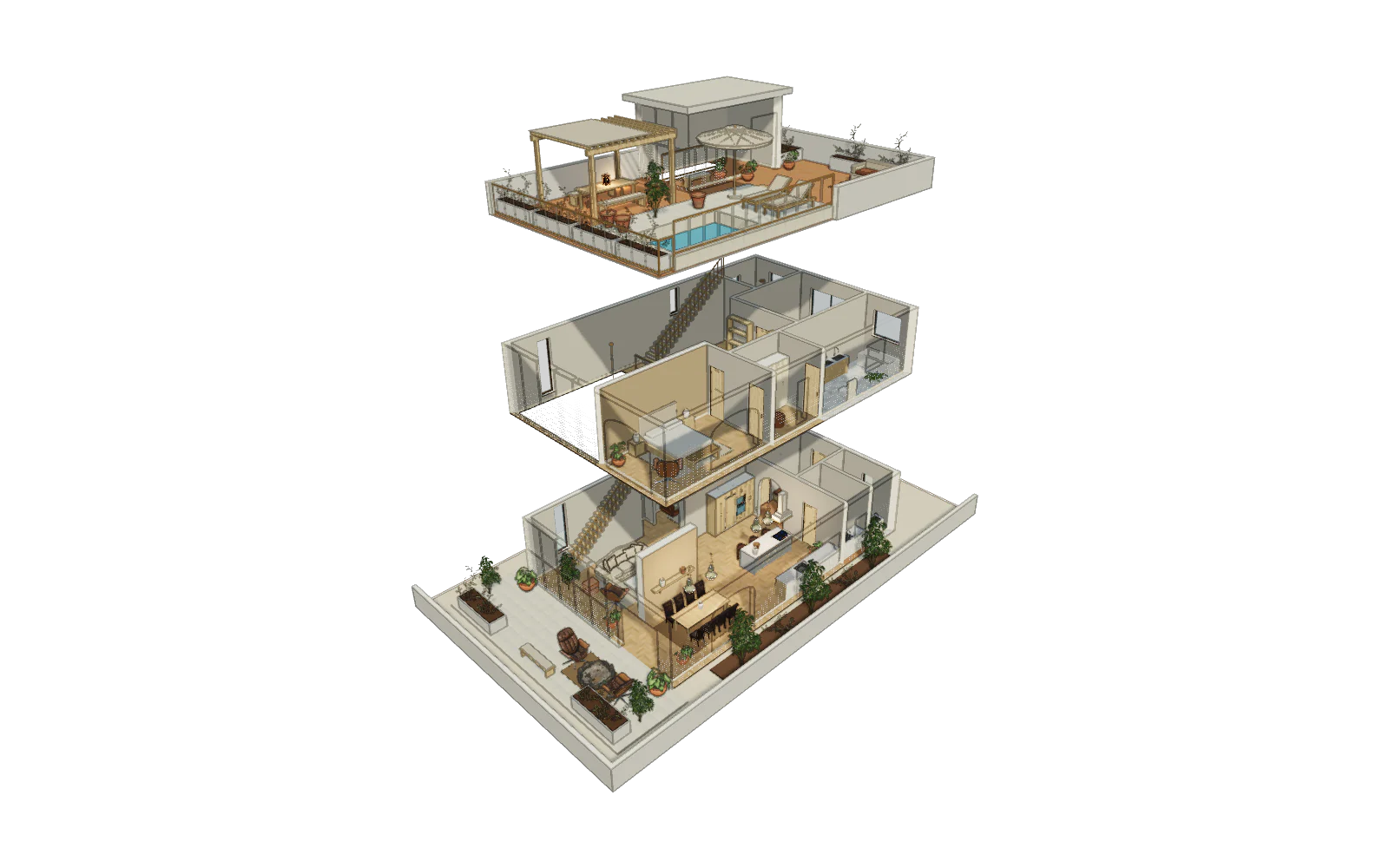 Modelo 3D del dúplex de ejemplo en el editor con sus tres plantas separadas: planta baja con cocina, sala y comedor; primera planta con las habitaciones; y terraza en la cubierta con piscina y pérgola.