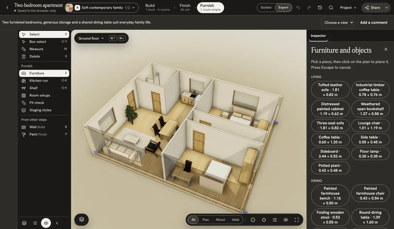 The authored two-bedroom sample in the current manual editor, with the furniture catalog open.