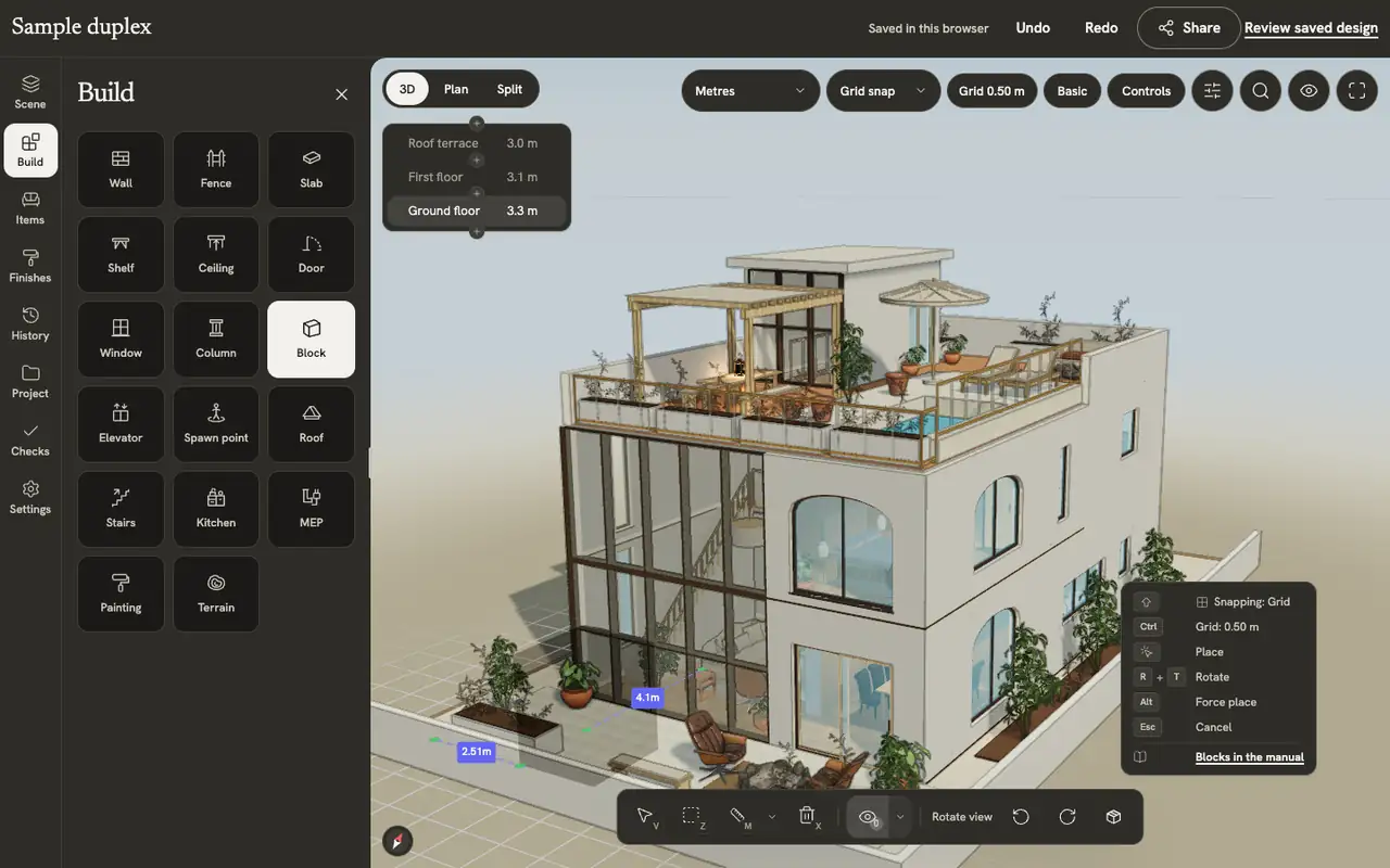 La herramienta Block en Build, con un bloque sobre el jardín del dúplex, sus dimensiones y el panel de teclas.