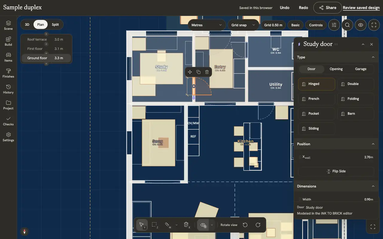 The study door selected on the ground-floor plan, swinging into the study, then flipped to swing into the entry when R is pressed.