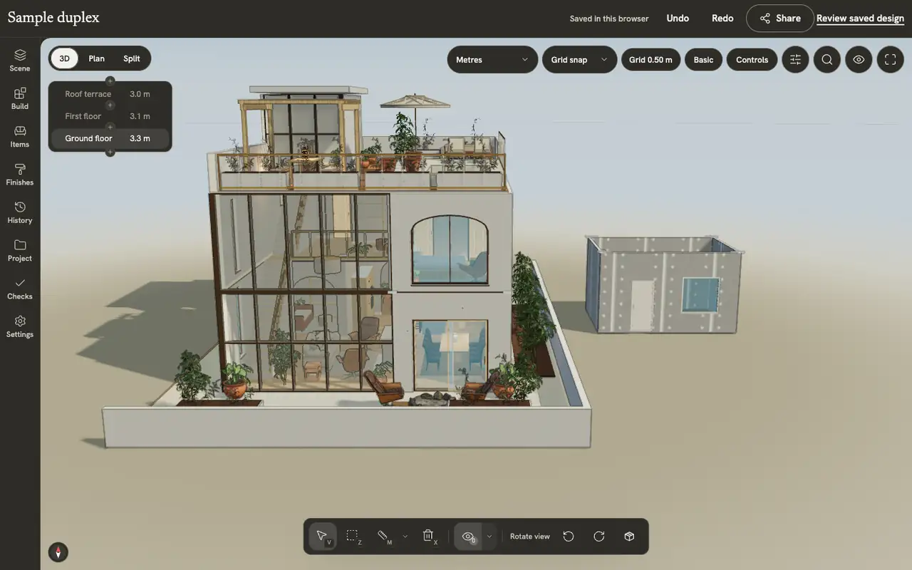 Habitación nueva junto al jardín del dúplex de ejemplo, con una puerta y una ventana.