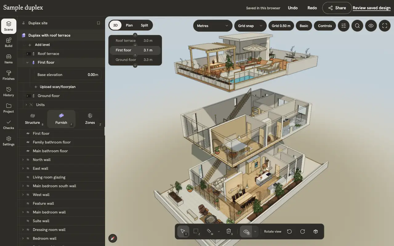 The duplex floors separated in 3D beside the Scene panel