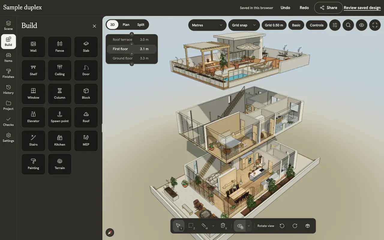 Editor experto del dúplex en 3D con pisos separados, panel Build abierto y herramientas superiores e inferiores.