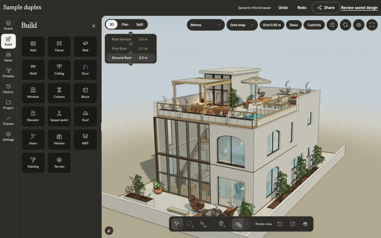 Pantalla del editor con barra superior, panel Build, selector 3D, Floorplan y Mixed y herramientas inferiores.