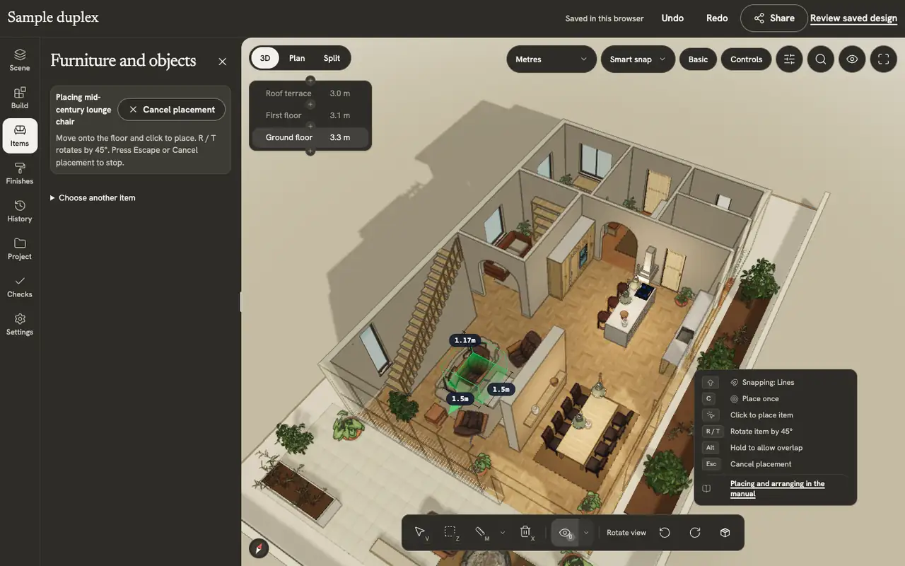 A mid-century lounge chair picked from the furniture list rides the cursor across the duplex’s living room in 3D, with distance guides to the walls, outlined red where the spot is taken and green where it fits, while the placement card shows the chosen chair, the rotation keys and Cancel placement.
