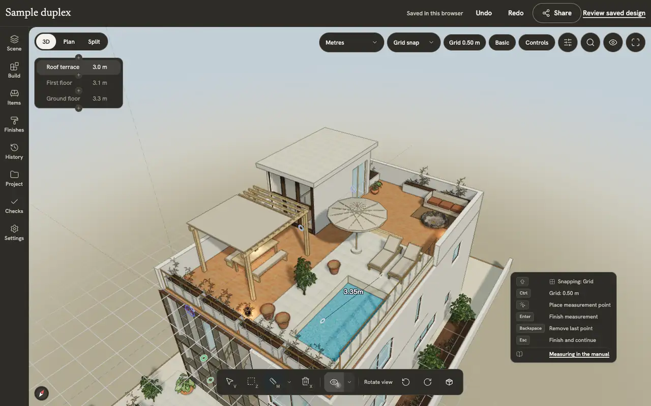 El borde de la piscina de la terraza se mide en 3D; la longitud aparece sobre la línea.