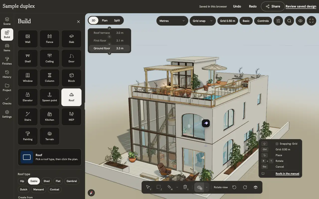 Roof en Build muestra los ocho tipos de cubierta y los controles Create from.