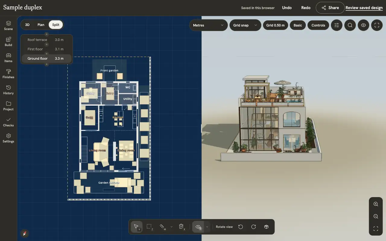 El dúplex en Mixed, con la planta baja junto al modelo 3D.