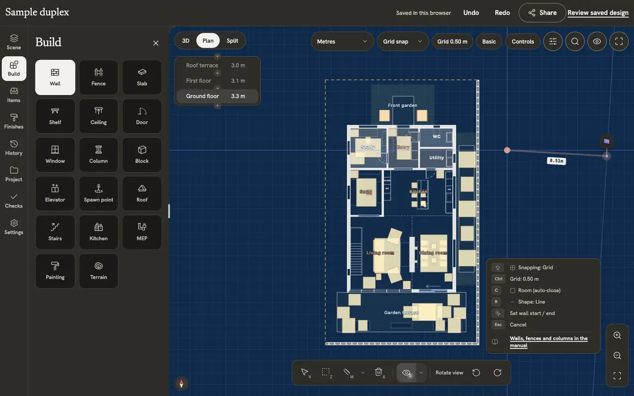 A wall being drawn on the plan beside the sample duplex, its running length printed next to it as the cursor moves along the grid.